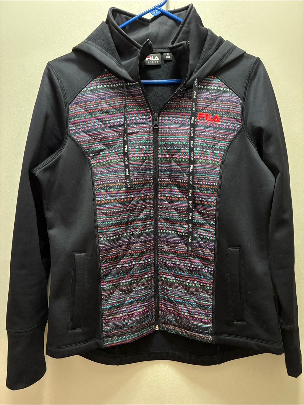 Fila Black Hooded Jacket with Multicolor Patterned Front